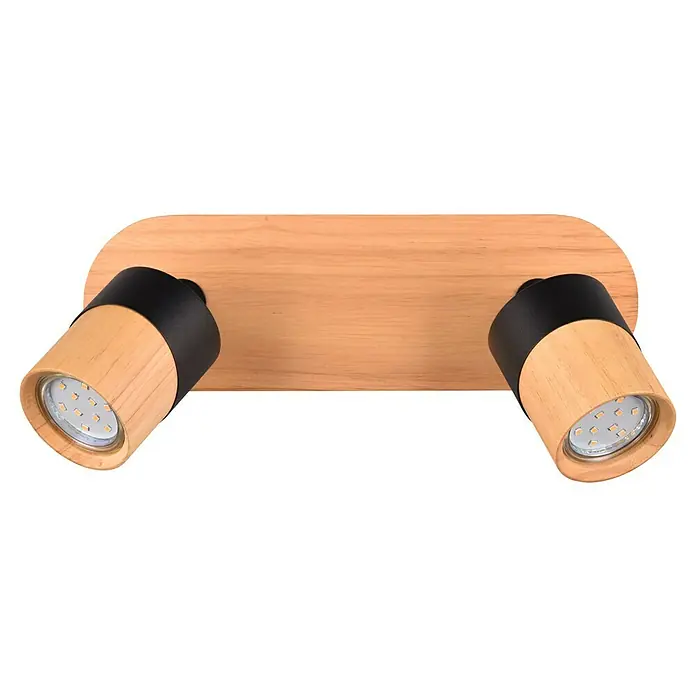 Trio Lighting Aruni Regleta - 10 W, L x An x Al: 9 x 28 x 15 cm, Negro/Marrón, GU10, 2 ud. - Primer plano de una lámpara de techo de madera con dos focos negros que emiten luz cálida. Diseño elegante para interiores modernos.