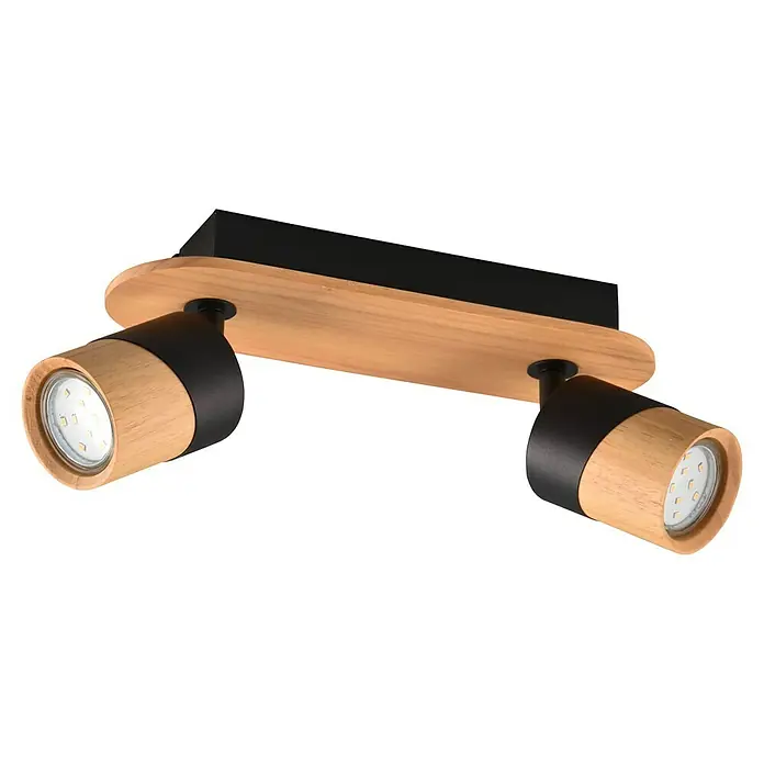 Trio Lighting Aruni Regleta - 10 W, L x An x Al: 9 x 28 x 15 cm, Negro/Marrón, GU10, 2 ud. - Primer plano de una moderna lámpara de techo con dos focos de madera ajustables con detalles en negro.