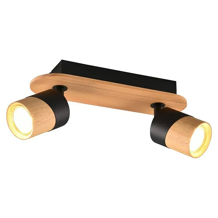 Trio Lighting Aruni Regleta - 10 W, L x An x Al: 9 x 28 x 15 cm, Negro/Marrón, GU10, 2 ud. - Lámpara de techo moderna con dos focos de madera y marco negro, que proporciona una luz cálida y crea un ambiente acogedor.