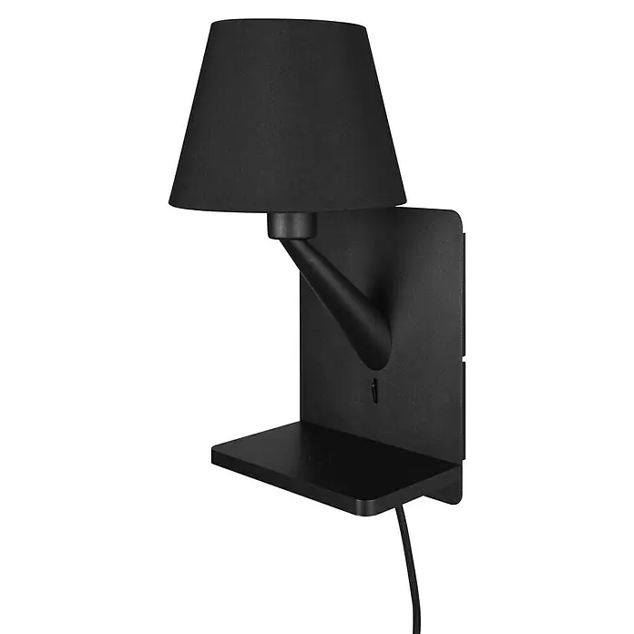 Trio Lighting Aplique de pared Comfort - 40 W, L x An x Al: 18 x 16 x 31 cm, Negro, E14 - Lámpara de pared negra con estante y pantalla cónica para una iluminación elegante y que ahorra espacio.