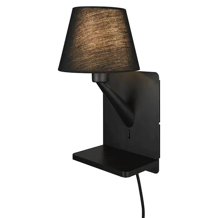 Trio Lighting Aplique de pared Comfort - 40 W, L x An x Al: 18 x 16 x 31 cm, Negro, E14 - Elegante lámpara de pared negra con estante, perfecta para dormitorios o rincones de lectura. Su diseño sencillo se integra en cualquier interior.