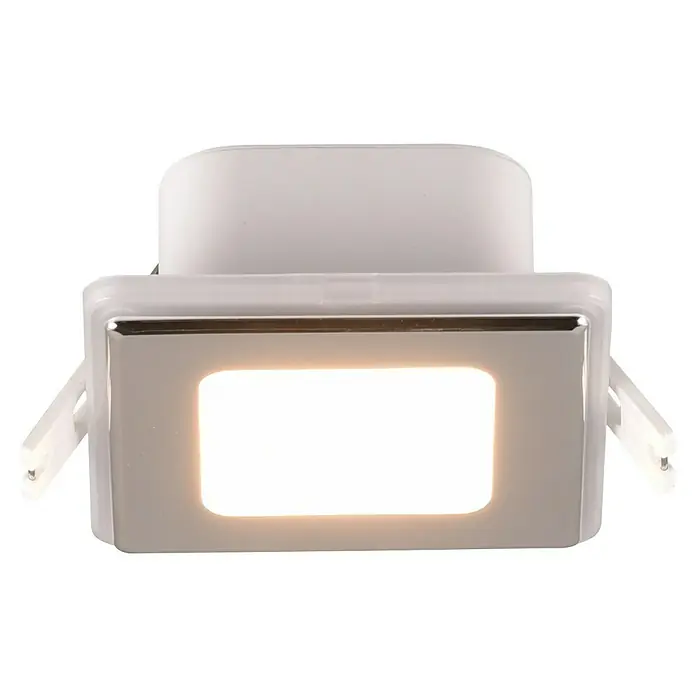 Trio Lighting Foco empotrable Nimbus - Cromo, L x An x Al: 8,5 x 8,5 x 3,9 cm, Blanco cálido - Primer plano de un downlight LED cuadrado empotrable en blanco y plata que emite luz cálida.