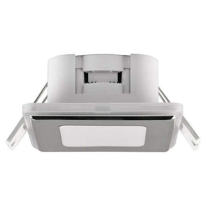 Trio Lighting Foco empotrable Nimbus - Cromo, L x An x Al: 8,5 x 8,5 x 3,9 cm, Blanco cálido - Primer plano de una luz LED empotrable cuadrada con borde cromado, combinando diseño moderno e iluminación eficiente.