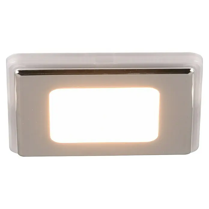 Trio Lighting Foco empotrable Nimbus - Cromo, L x An x Al: 8,5 x 8,5 x 3,9 cm, Blanco cálido - Primer plano de una luz LED rectangular de escalón con marco cromado, que emite una luz cálida y acogedora.