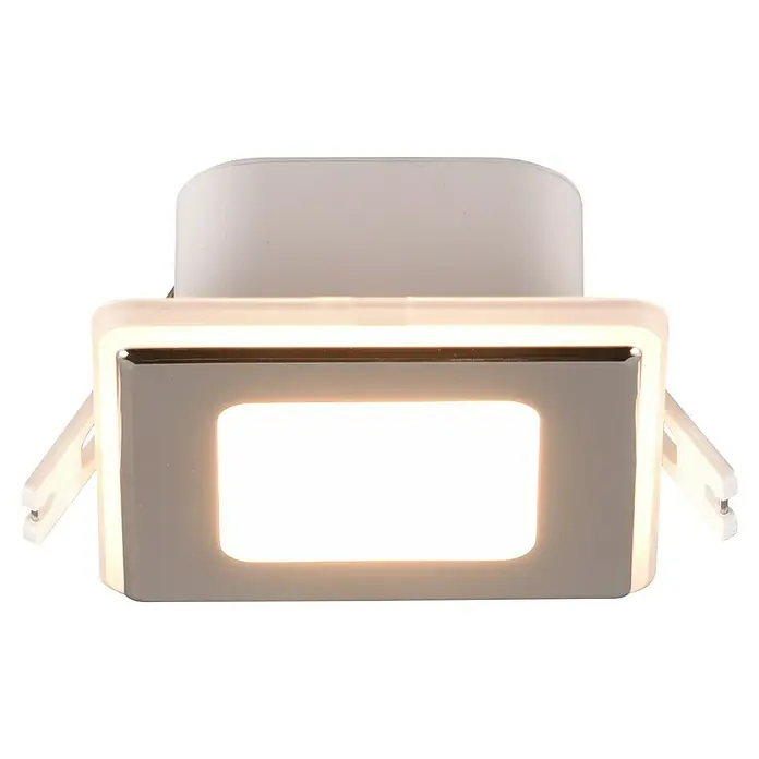 Trio Lighting Foco empotrable Nimbus - Cromo, L x An x Al: 8,5 x 8,5 x 3,9 cm, Blanco cálido - Primer plano de un downlight LED cuadrado con marco cromado y luz blanca cálida sobre un fondo negro.