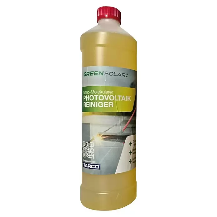 Green Solar Spezialreiniger für Photovolatikanlagen - 1 Liter - Hellgelbe Flasche GREEN SOLAR Nano-Molekularer Photovoltaik Reiniger mit rotem Deckel.