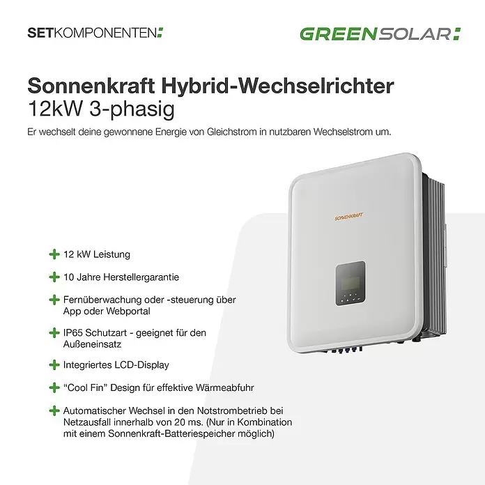 Green Solar Solarmodul-Set 0% MwSt. (gem. § 12 Abs. 3 UStG) - Bifazial, 12.600 W, L x B x H: 176,2 mm x 113,4 cm x 3 cm, 28 Stk. - Weißer, rechteckiger Hybrid-Solarwechselrichter mit LCD-Display und Kühlrippen.