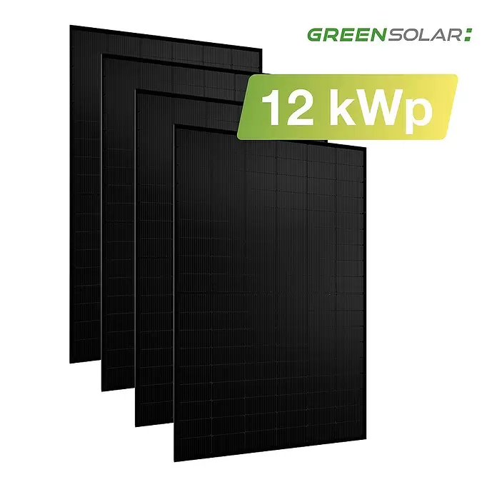 Green Solar Solarmodul-Set 0% MwSt. (gem. § 12 Abs. 3 UStG) - Bifazial, 12.600 W, L x B x H: 176,2 mm x 113,4 cm x 3 cm, 28 Stk. - Mehrere schwarze Solarmodule mit einer Leistung von 12 kWp.