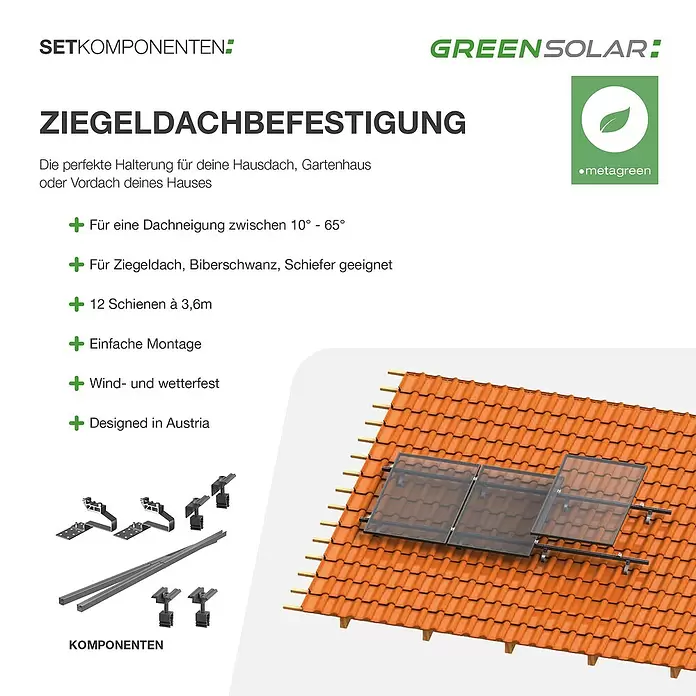Green Solar Befestigungs-Set - Passend für: 18 Solarmodule, Geeignet für: Schrägdach - Graue Metallkomponenten und Schienen für Solaranlagen-Dachbefestigung auf einem Ziegeldach.