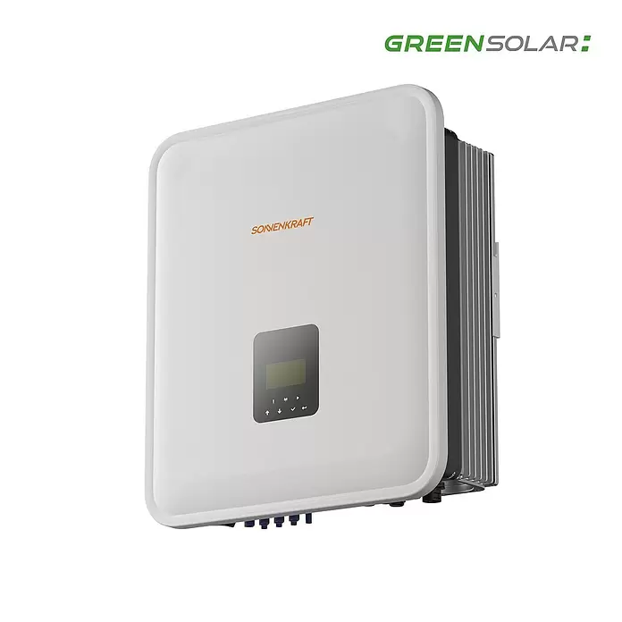 Green Solar Solarmodul-Set 0% MwSt. (gem. § 12 Abs. 3 UStG) - Bifazial, 12.600 W, L x B x H: 176,2 mm x 113,4 cm x 3 cm, 28 Stk. - Weißer Solarwechselrichter mit SONNENKRAFT-Logo, Display und seitlichen Kühlrippen.