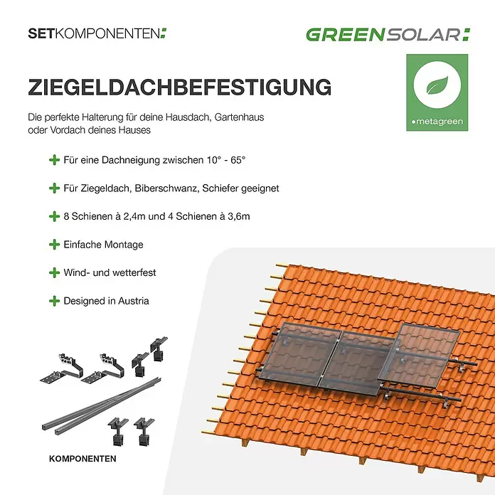 Green Solar Befestigungs-Set - Passend für: 14 Solarmodule, Geeignet für: Schrägdach - Metall-Solarmontagesystem für Ziegeldächer, mit Schienen, Haken und einem Installationsbeispiel.