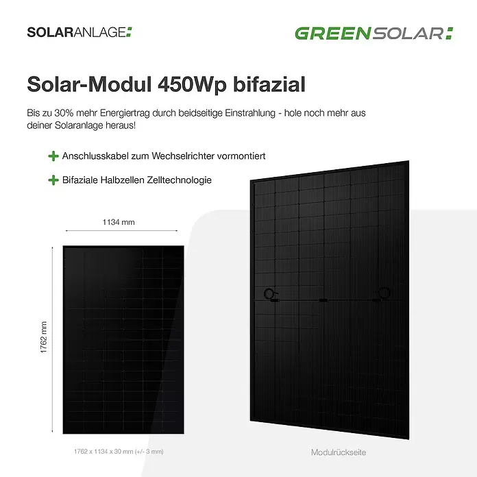 Green Solar Solarmodul-Set 0% MwSt. (gem. § 12 Abs. 3 UStG) - Bifazial, 12.600 W, L x B x H: 176,2 mm x 113,4 cm x 3 cm, 28 Stk. - Schwarzes 450Wp bifaziales Solarmodul, Vorder- und Rückansicht mit Maßen.