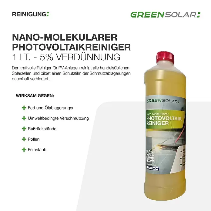 Green Solar Spezialreiniger für Photovolatikanlagen - 1 Liter - Gelbe Flasche Green Solar Nano-Molekularer Photovoltaik Reiniger mit rotem Deckel, für die Solarpanel-Reinigung.