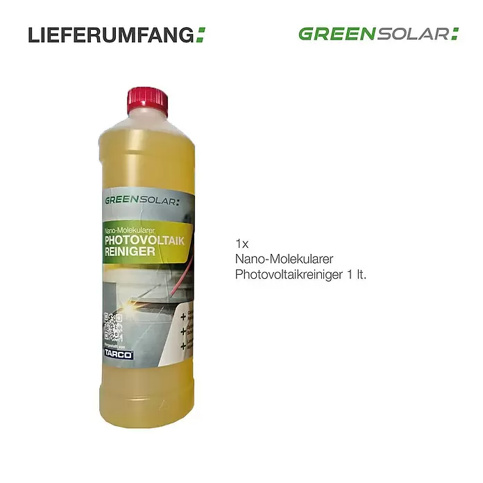 Green Solar Spezialreiniger für Photovolatikanlagen - 1 Liter - Eine durchsichtige Flasche mit gelbem 1-Liter nano-molekularem Photovoltaikreiniger und rotem Verschluss, beschriftet mit "GREEN SOLAR Photovoltaik Reiniger".