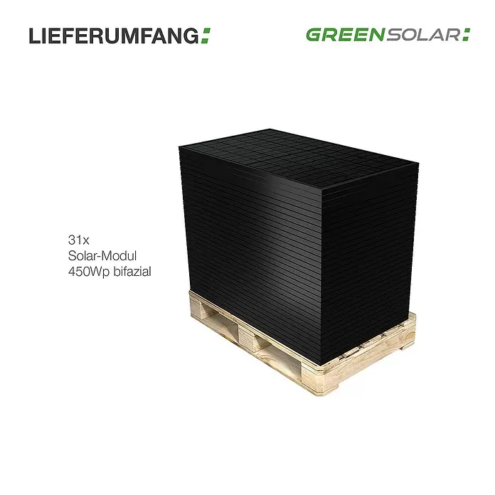 Green Solar Solarmodul-Set 0% MwSt. gem. § 12 Abs. 3 UStG - Nennleistung: 13.950 W, L x B x H: 176,2 x 113,4 x 3 cm, 31 Stk. - Ein Stapel von 31 schwarzen bifazialen Solarmodulen auf einer Holzpalette.