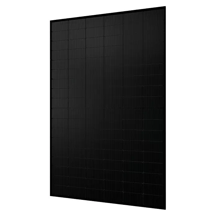 Green Solar Solarmodul 0% MwSt. (gem. § 12 Abs. 3 UStG) - Bifazial, 450 W, L x B x H: 176,2 x 113,4 x 3 cm - Schwarzes Solarmodul, schräg von vorne, mit sichtbaren Photovoltaikzellen.