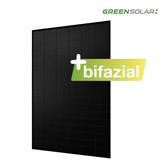 Green Solar Solarmodul 0% MwSt. (gem. § 12 Abs. 3 UStG) - Bifazial, 450 W, L x B x H: 176,2 x 113,4 x 3 cm - Schwarzes bifaziales GREENSOLAR Solarmodul mit sichtbaren Solarzellen.