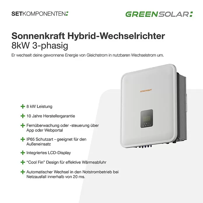 Green Solar Solarmodul-Set 0% MwSt. gem. § 12 Abs. 3 UStG - Nennleistung: 8.100 W, L x B x H: 176,2 x 113,4 x 3 cm, 18 Stk. - Weißer, rechteckiger Solar-Hybrid-Wechselrichter mit Kühlrippen und LCD-Display. Wandelt Solar-Gleichstrom in Wechselstrom um.