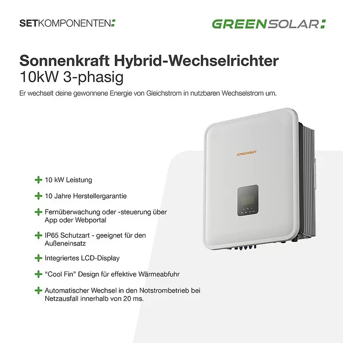 Green Solar Solarmodul-Set 0% MwSt. gem. § 12 Abs. 3 UStG - Nennleistung: 10.800 W, L x B x H: 176,2 x 113,4 x 3 cm, 24 Stk. - Weiß-grauer Sonnenkraft Hybrid-Solarwechselrichter mit LCD-Display und Kühlrippen.