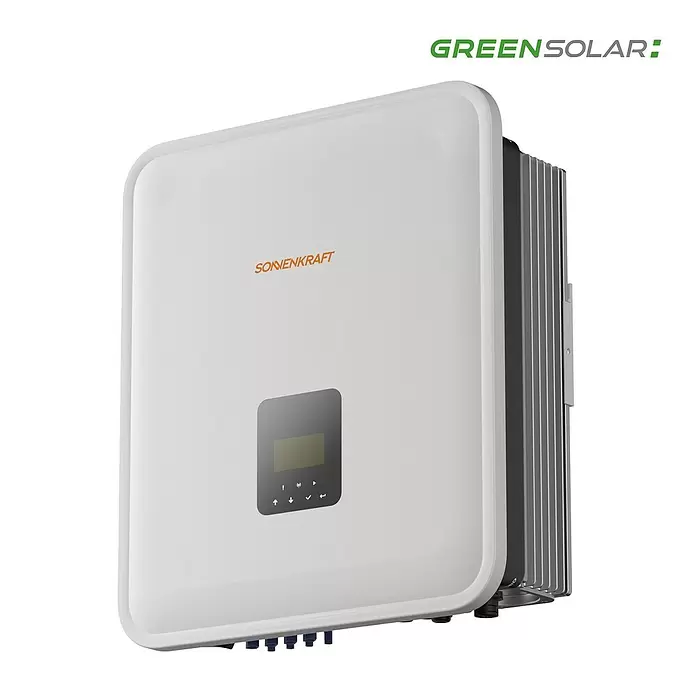 Wechselrichter - Nennleistung: 12 kW - Weiß-grauer Solarwechselrichter mit 'SONNENKRAFT' Logo und Display für Solaranlagen.