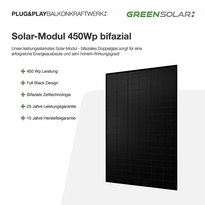 Green Solar Solarmodul 0% MwSt. (gem. § 12 Abs. 3 UStG) - Bifazial, 450 W, L x B x H: 176,2 x 113,4 x 3 cm - Schwarzes 450 Wp bifaziales Solarmodul.