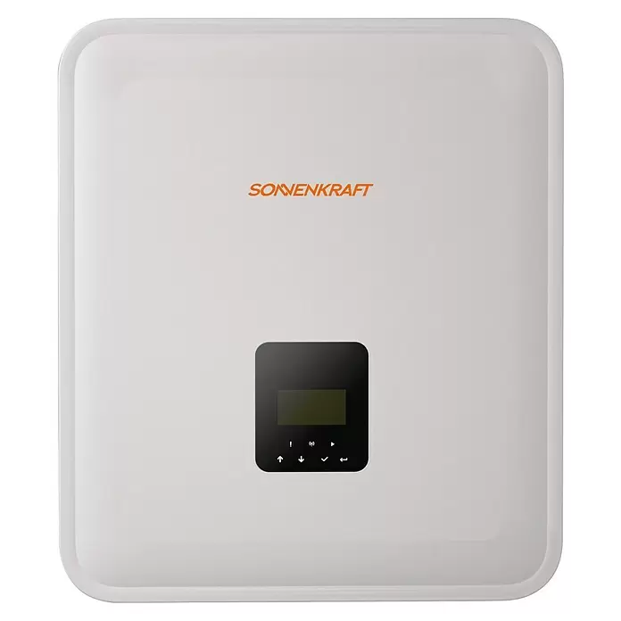 Wechselrichter - Nennleistung: 12 kW - Weißer Sonnenkraft Solarwechselrichter mit schwarzem Display und Bedientasten.