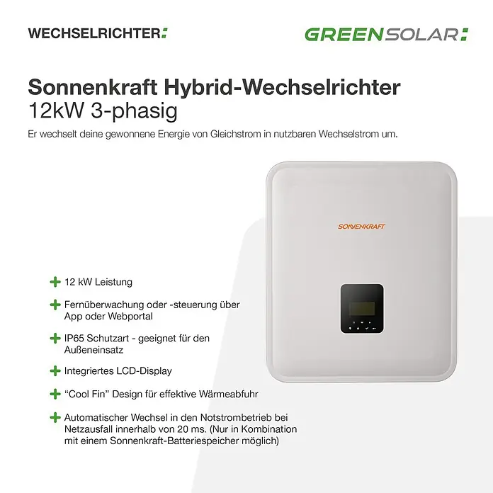 Wechselrichter - Nennleistung: 12 kW - Weißer Solar-Hybrid-Wechselrichter mit schwarzem LCD-Display und „SONNENKRAFT“-Aufschrift.