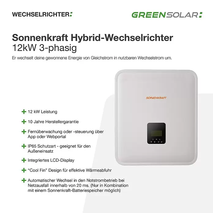 Wechselrichter - Nennleistung: 12 kW - Weißer Solar-Hybrid-Wechselrichter mit schwarzem LCD-Display und „SONNENKRAFT“-Aufschrift.