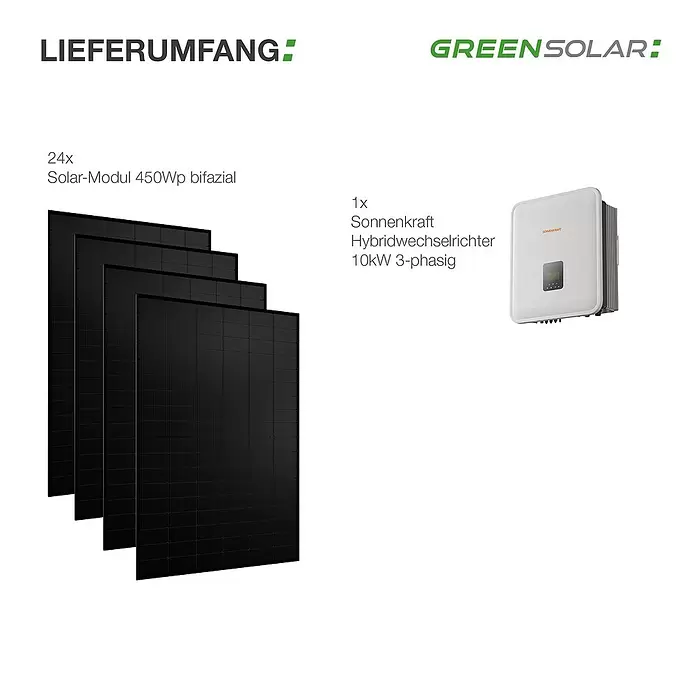 Green Solar Solarmodul-Set 0% MwSt. gem. § 12 Abs. 3 UStG - Nennleistung: 10.800 W, L x B x H: 176,2 x 113,4 x 3 cm, 24 Stk. - 24 schwarze bifaziale 450Wp Solarmodule und ein weißer 10kW 3-phasiger Sonnenkraft Hybridwechselrichter.