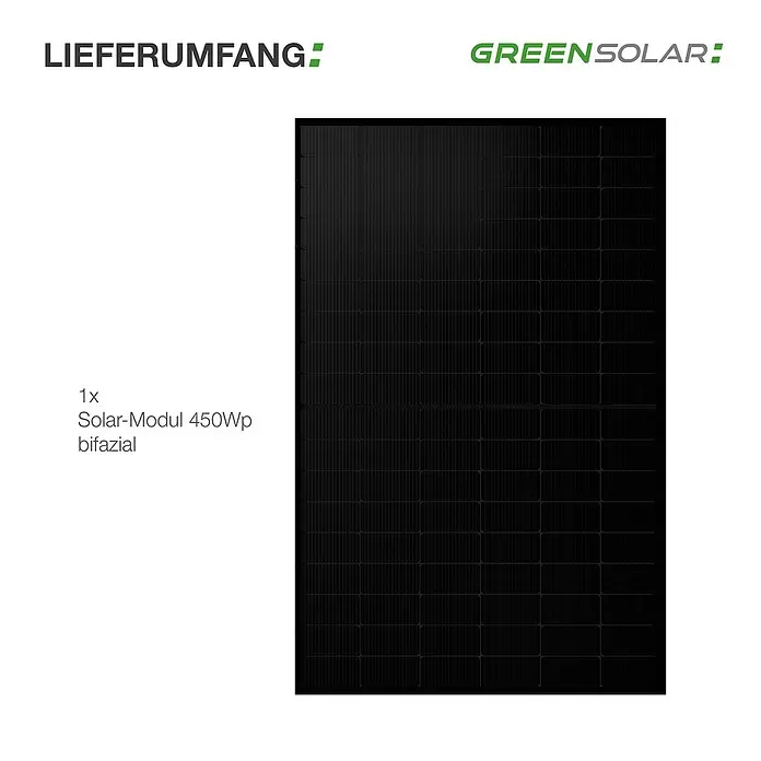 Green Solar Solarmodul 0% MwSt. (gem. § 12 Abs. 3 UStG) - Bifazial, 450 W, L x B x H: 176,2 x 113,4 x 3 cm - Schwarzes bifaziales Solarmodul mit 450Wp Leistung.