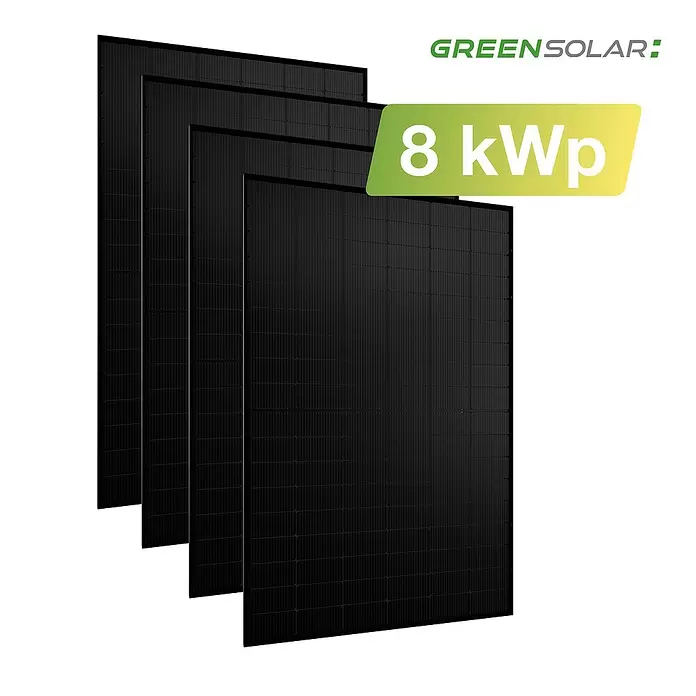 Green Solar Solarmodul-Set 0% MwSt. gem. § 12 Abs. 3 UStG - Nennleistung: 8.100 W, L x B x H: 176,2 x 113,4 x 3 cm, 18 Stk. - Mehrere schwarze GREEN SOLAR Photovoltaik-Paneele, mit 8 kWp Nennleistung.