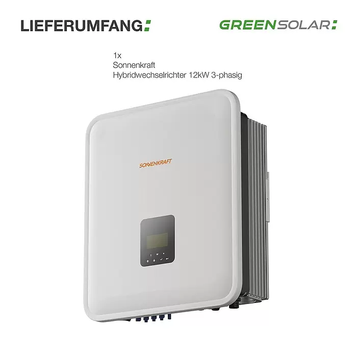 Wechselrichter - Nennleistung: 12 kW - Weißer Sonnenkraft 12kW 3-phasiger Hybridwechselrichter mit Display und Kühlrippen.