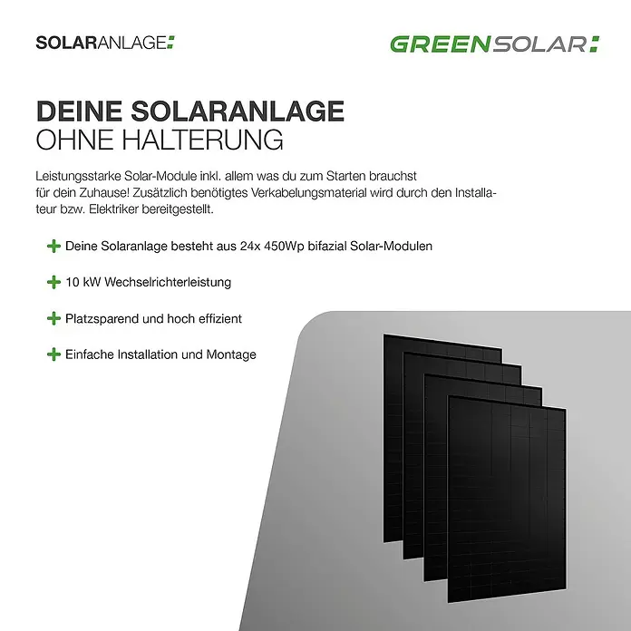 Green Solar Solarmodul-Set 0% MwSt. gem. § 12 Abs. 3 UStG - Nennleistung: 10.800 W, L x B x H: 176,2 x 113,4 x 3 cm, 24 Stk. - Mehrere schwarze bifaziale Solarmodule, gestapelt.