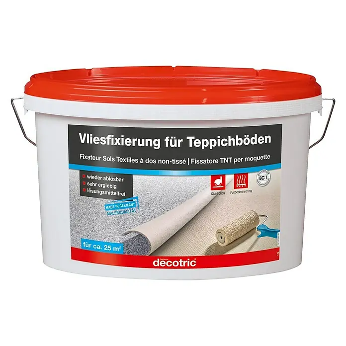 Decotric Bodenbelagfixierung für Teppichböden - 5 kg, Gebrauchsfertig - Abbildung eines Eimers Vliesfixierung für Teppichböden der Marke Decotric, geeignet für ca. 25 m², mit rotem Deckel.