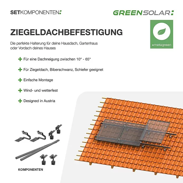 Green Solar Befestigungs-Set - Passend für: 28 Solarmodule, Geeignet für: Schrägdach - Solarmodul-Befestigungssystem für Ziegeldächer, mit grauen Metallkomponenten und installierten Modulen auf einem orangefarbenen Ziegeldach.