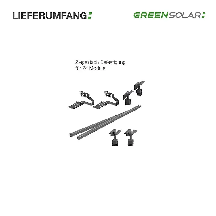 Green Solar Befestigungs-Set - Passend für: 24 Solarmodule, Geeignet für: Schrägdach - Graues Montagesystem für 24 Solarmodule auf Ziegeldächern, inklusive Schienen und Klemmen.