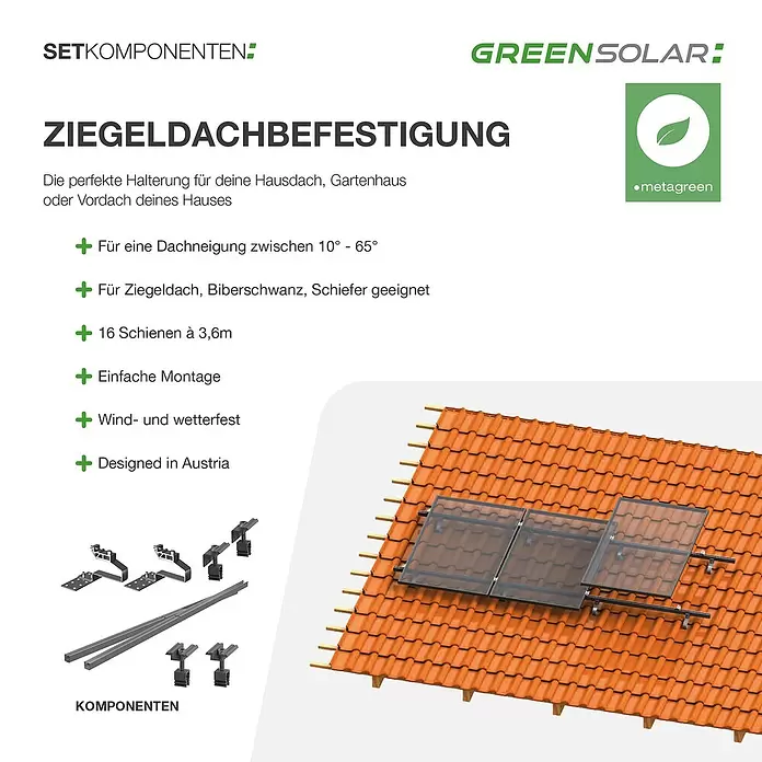 Green Solar Befestigungs-Set - Passend für: 24 Solarmodule, Geeignet für: Schrägdach - Befestigungskomponenten für Solarmodule auf Ziegeldächern, mit Metallschienen, Haken und montierten Modulen auf einem roten Dach.