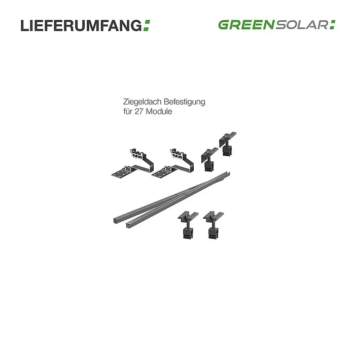 Green Solar Befestigungs-Set - Passend für: 28 Solarmodule, Geeignet für: Schrägdach - Solarmodul-Montageset für Ziegeldächer, inkl. Dachhaken, Aluminiumschienen und Klemmen für 27 Module.