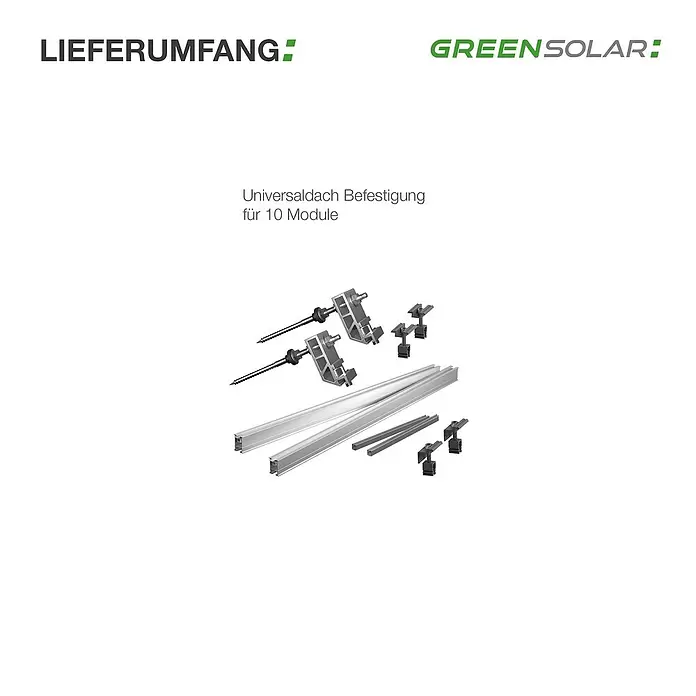 Green Solar Universalhalterung - Passend für: 10 Solarmodule - Silbernes Aluminium-Universaldachbefestigungssystem für 10 Solarmodule, inklusive Schienen, Schrauben und Klemmen.