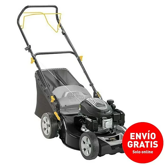 Alpina Cortacésped de gasolina AL546SA - 2,2 kW, 139 cm³, Ancho de corte: 46 cm - Cortacésped de gasolina negro y amarillo con saco recogedor y ruedas grandes.