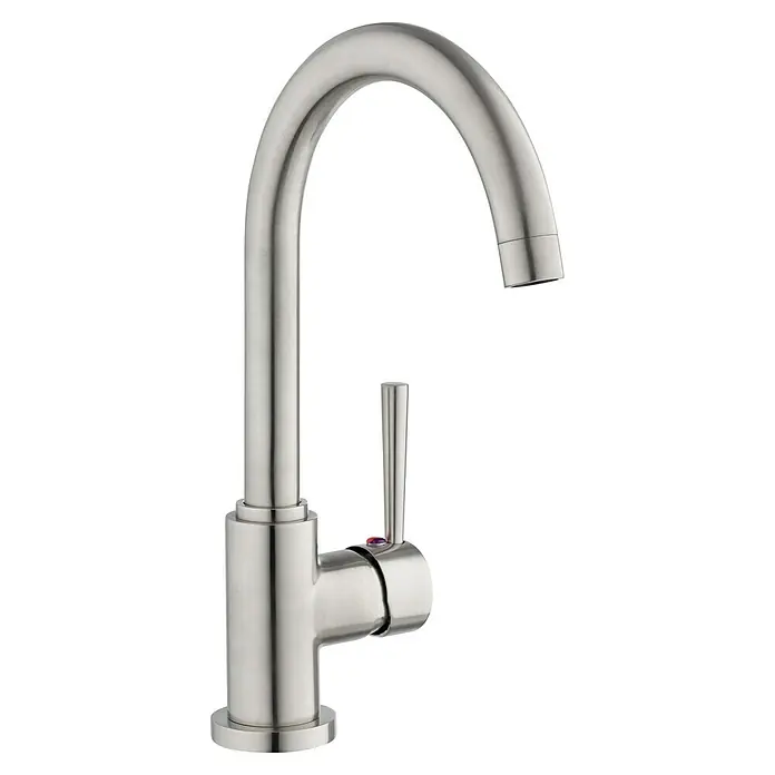 Camargue Merida Spültischarmatur - Niederdruck, Edelstahl - Moderner Edelstahl Wasserhahn mit einem schlanken, gebogenen Auslauf und einem seitlichen Hebel für einfache Bedienung.