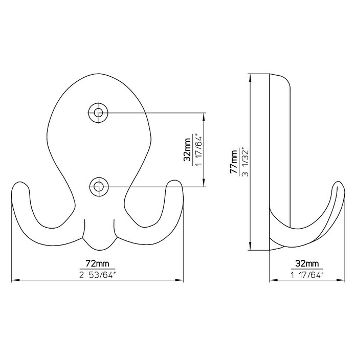 Siro Garderobna kuka  (D x Š x V: 77 x 71 x 32 mm, Broj kuka: 2 Kom., Srebrna, Čelik) | BAUHAUS
