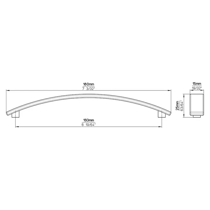 Siro Möbelgriff - Typ Möbelgriff: Bügel, Sonstige, Vernickelt, B x L: 15 x 180 mm - Technische Zeichnung eines gebogenen Möbelgriffs mit Maßangaben.