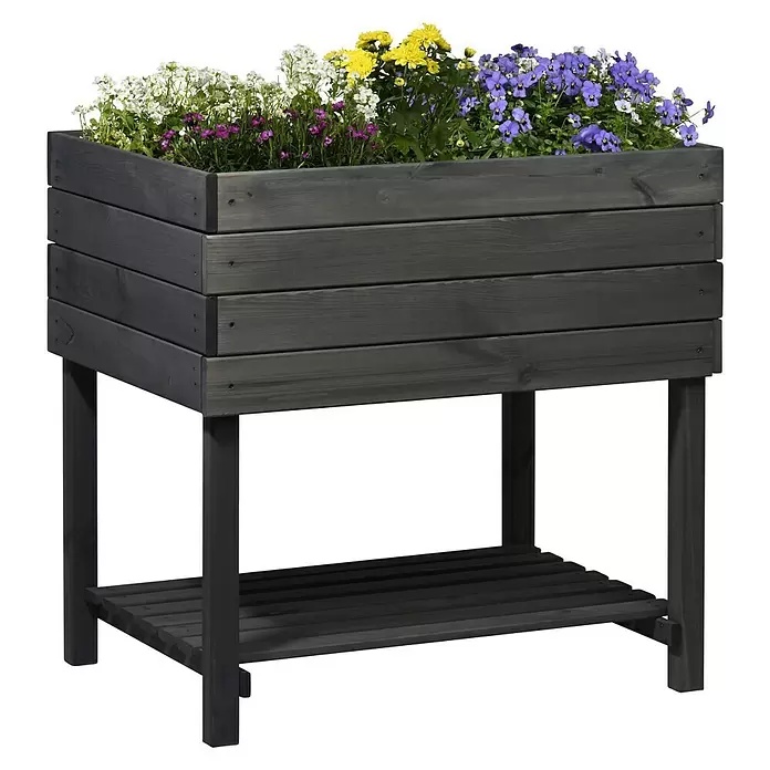 Dobar Hochbeet Kubus 2.0 - 78 x 58 x 78 cm, Holz, Anthrazit - Dunkelgraues Hochbeet aus Holz mit Ablagefläche, gefüllt mit verschiedenen bunten Blumen.
