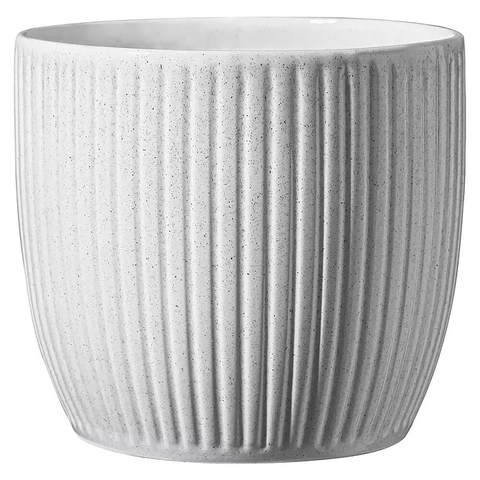 Soendgen Keramik Übertopf rund Belice Delight - Außenmaß (Ø x H): 14 x 13 cm, Kokos, Keramik - Weißer gesprenkelter Keramik-Pflanzentopf mit vertikaler Rillenstruktur.