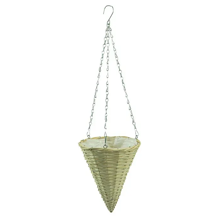 Blumenampel - Außenmaß (Ø x H): 17 x 22 cm, Polyester, Natur - Hängekorb aus Weide mit Kette, ideal für Pflanzen. Der Übertopf hat eine konische Form und ist mit einem weißen Einsatz ausgekleidet.