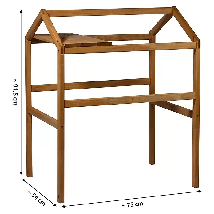 Dobar Pflanzturm - 75 x 54 x 91,5 cm, Braun - Hölzerner Pflanzenständer mit hausförmigem Dach, Lattenablage und unteren Stützleisten, in natürlichem hellbraunen Holzton.