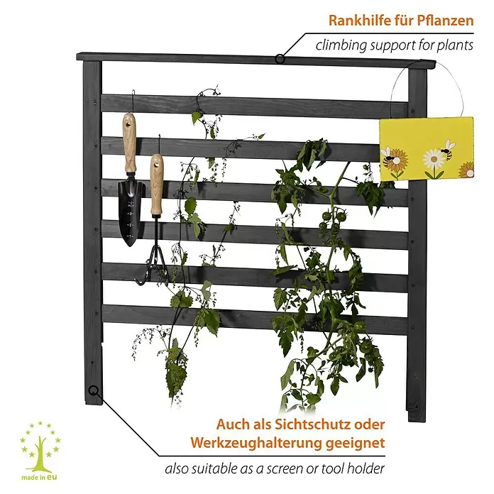 Dobar Rankhilfe - 5 x 78 cm, Holz, Anthrazit - Dunkelgraues Holzspalier für Kletterpflanzen, auch als Sichtschutz oder Werkzeughalter geeignet, mit Gartenwerkzeugen und Grünpflanzen.