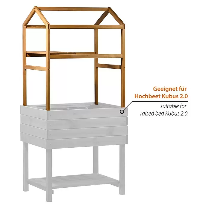 Dobar Pflanzturm - 75 x 54 x 91,5 cm, Braun - Hellbrauner Holz-Gewächshausaufsatz mit Giebeldach, passend für ein weißes Hochbeet.