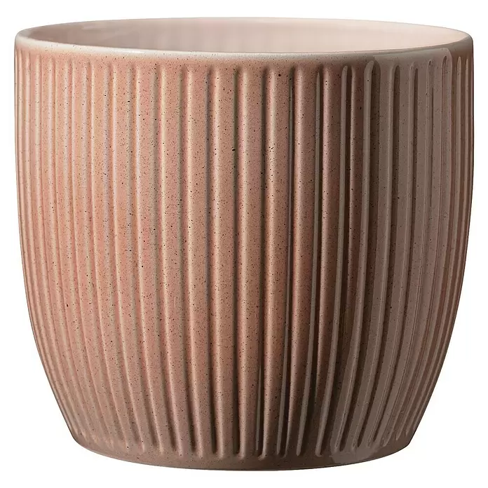Soendgen Keramik Übertopf rund Belice Delight - Außenmaß (Ø x H): 13 x 12 cm, Pfirsich, Keramik - Hellbrauner, geriffelter Steingut-Pflanztopf mit gesprenkelter Textur.